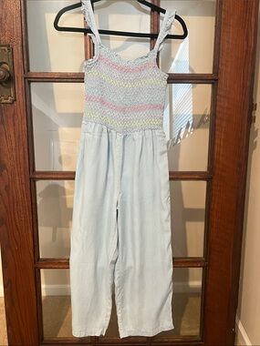 Epic Threads Light Blue Jumpsuit with Pastel Stripe Smocking